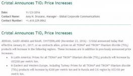 鈦白粉又要漲！國際巨頭2017年1月1日上調鈦白粉價格